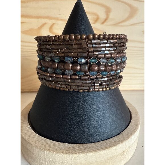 Multi-Strand Bronze Beaded Statement Cuff Bracelet With Blue Accents - Picture 1 of 3